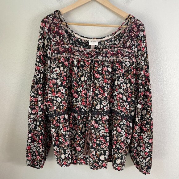 Knox Rose Womens XL Floral Blouse Square Neck Long Sleeve Boho Tassel Tie Shirt - Picture 9 of 11